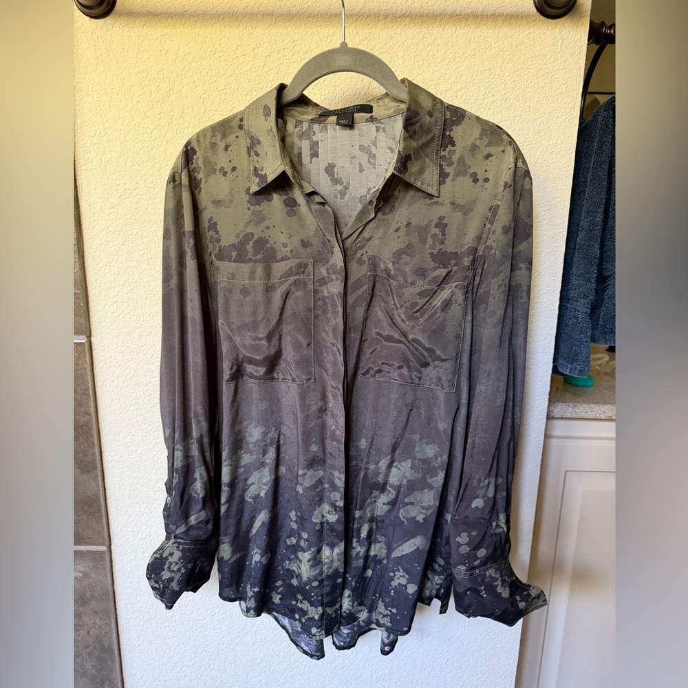 All Saints Women Black and Green Button Down Shirt with Pleated back details